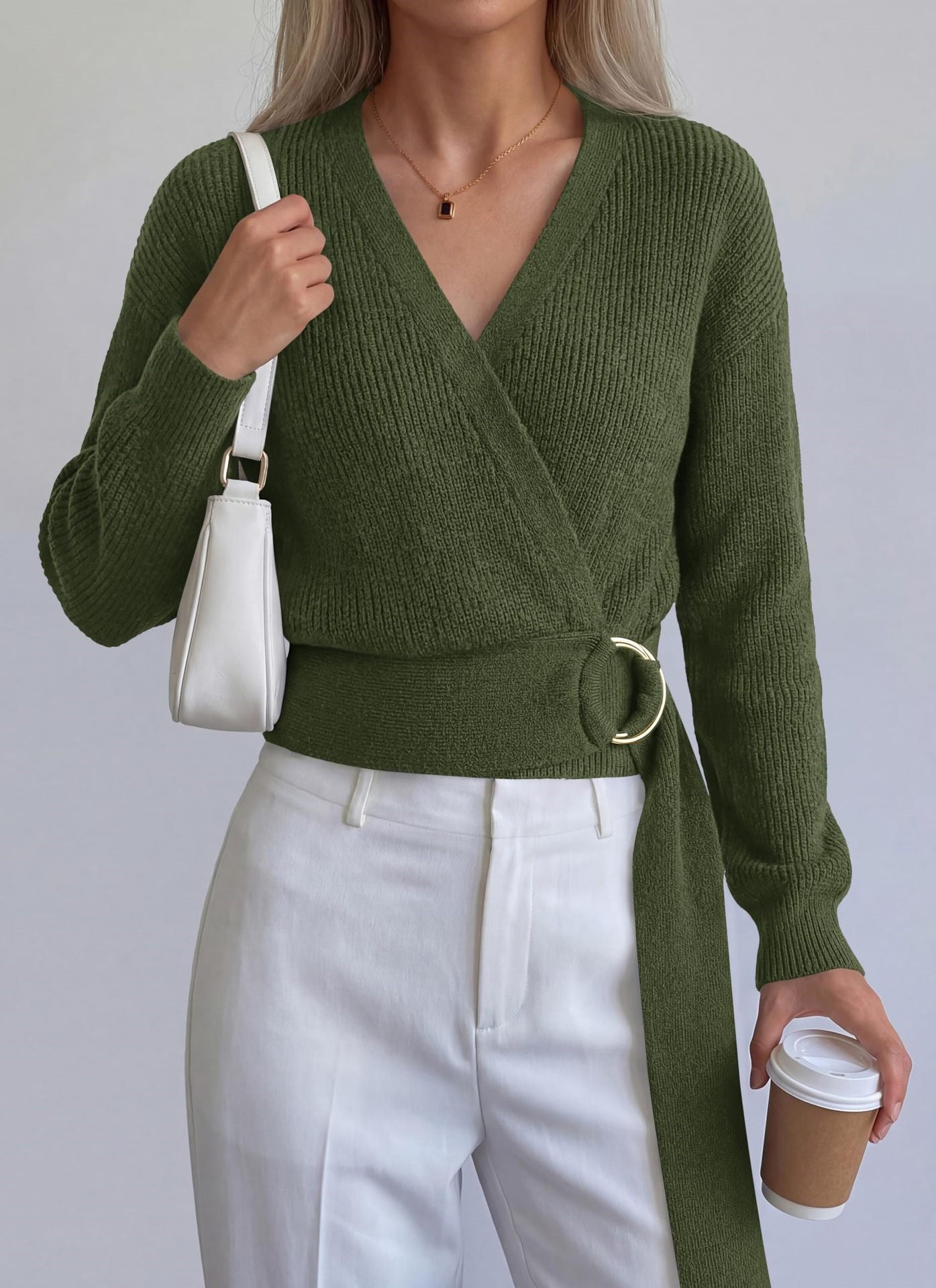 Metal Buckle V Neck Knit Sweater Long Sleeve Top