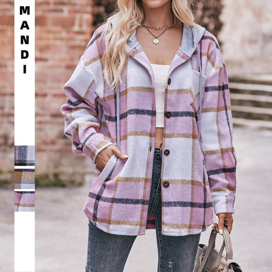 Plaid Hooded Button Down Jacket Long Sleeve Casual Shacket