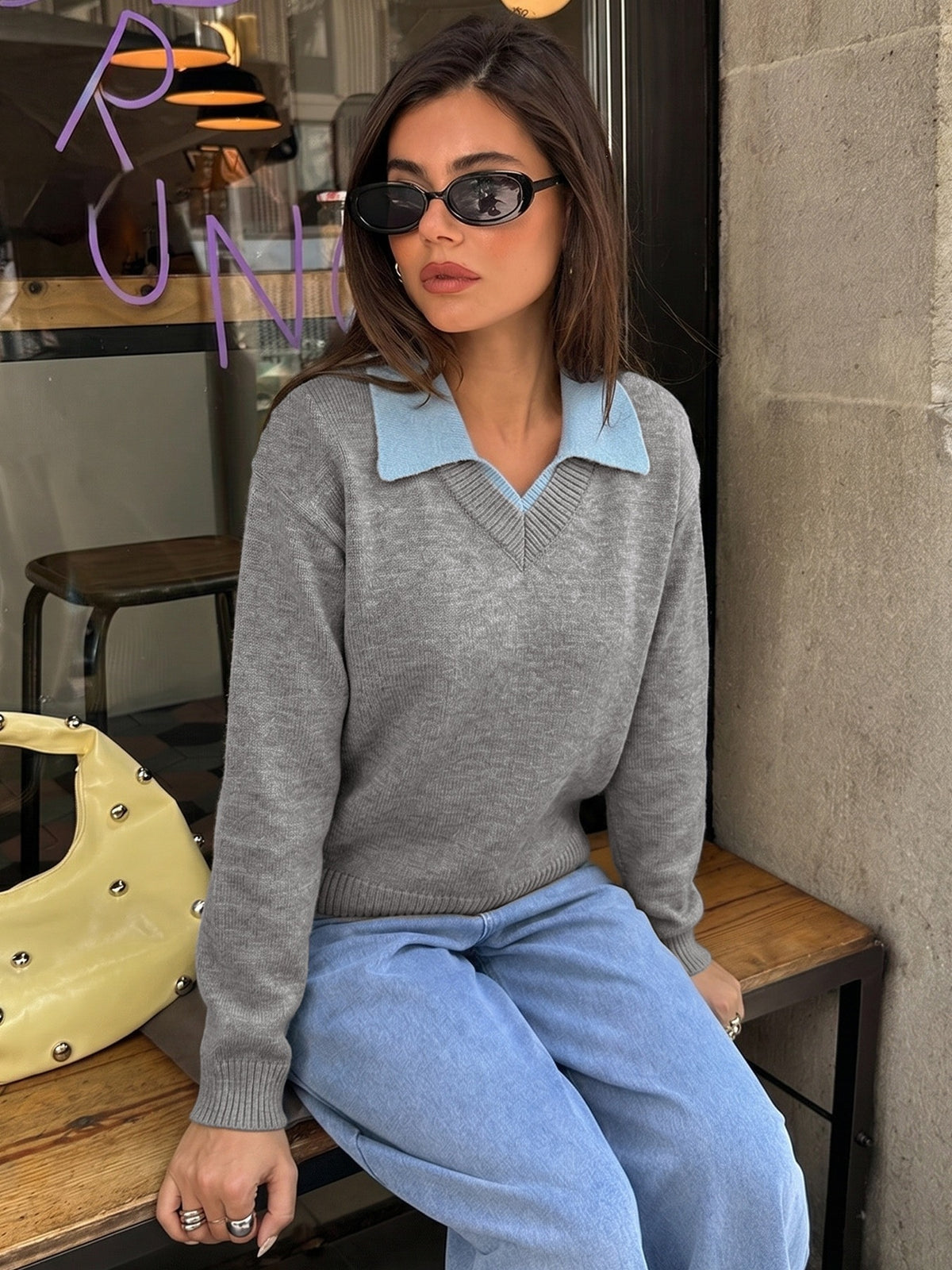 Women's Collared Layered Color Block Knit Sweater