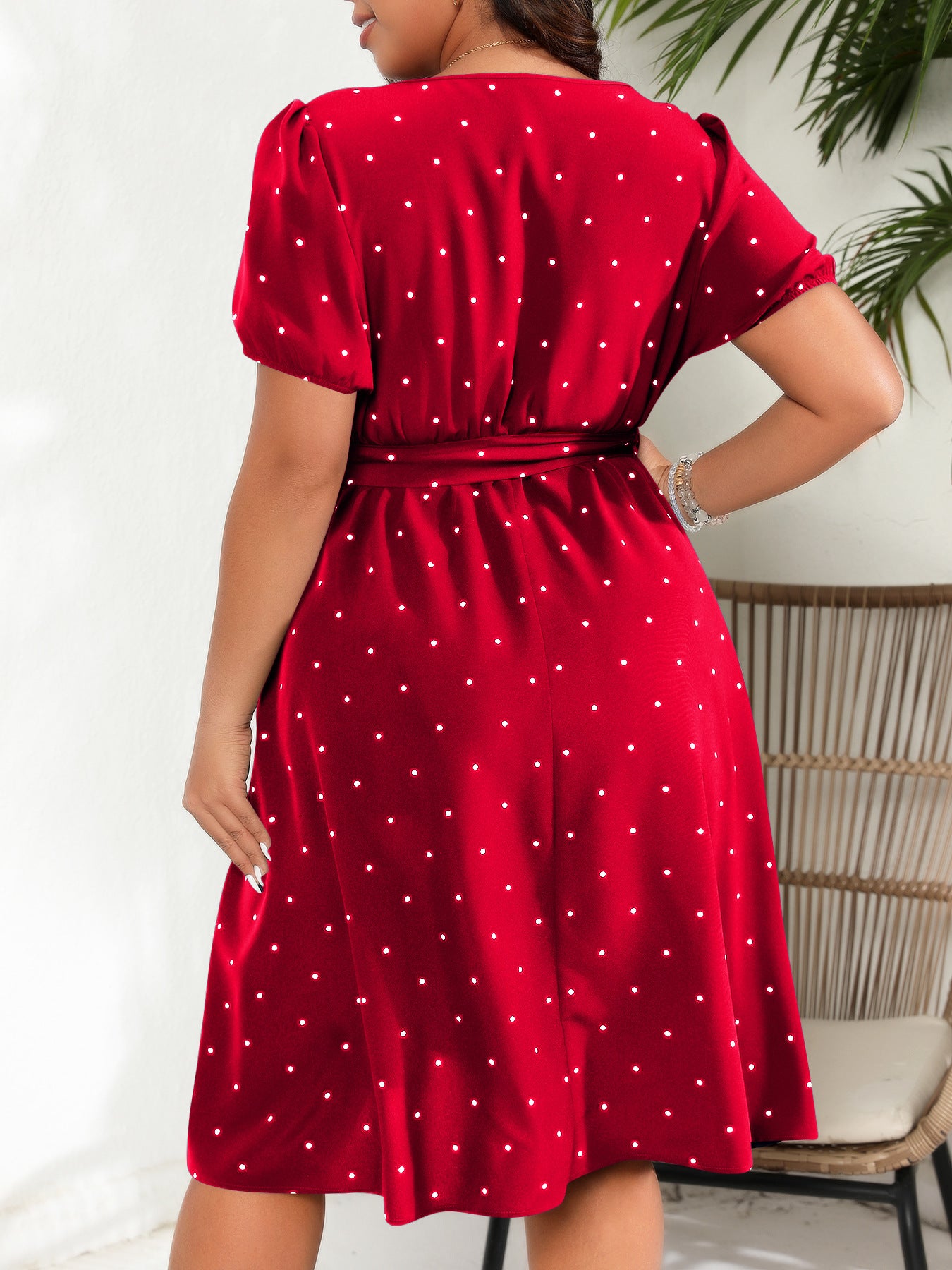 Plus Size Tie Waist Polka Dot Midi Dress