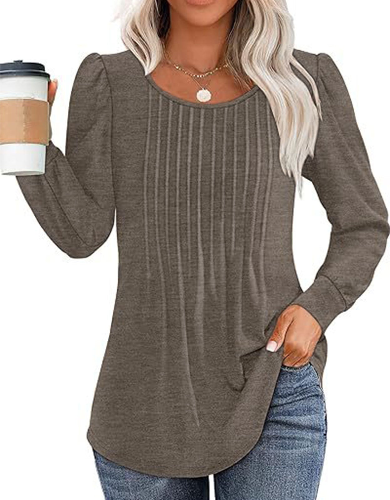 Solid Cotton Top Casual Pleated Puff Sleeve