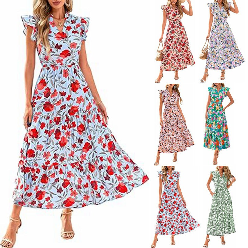 Floral V Neck Flutter Sleeve A Line Midi Dress