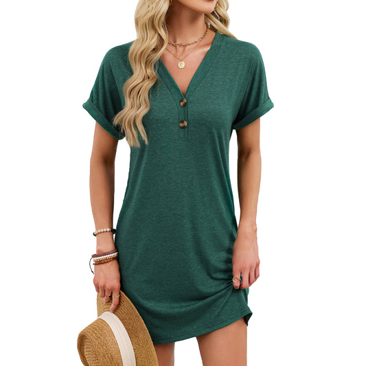 Casual V-Neck Short Sleeve Button Mini T-Shirt Dress
