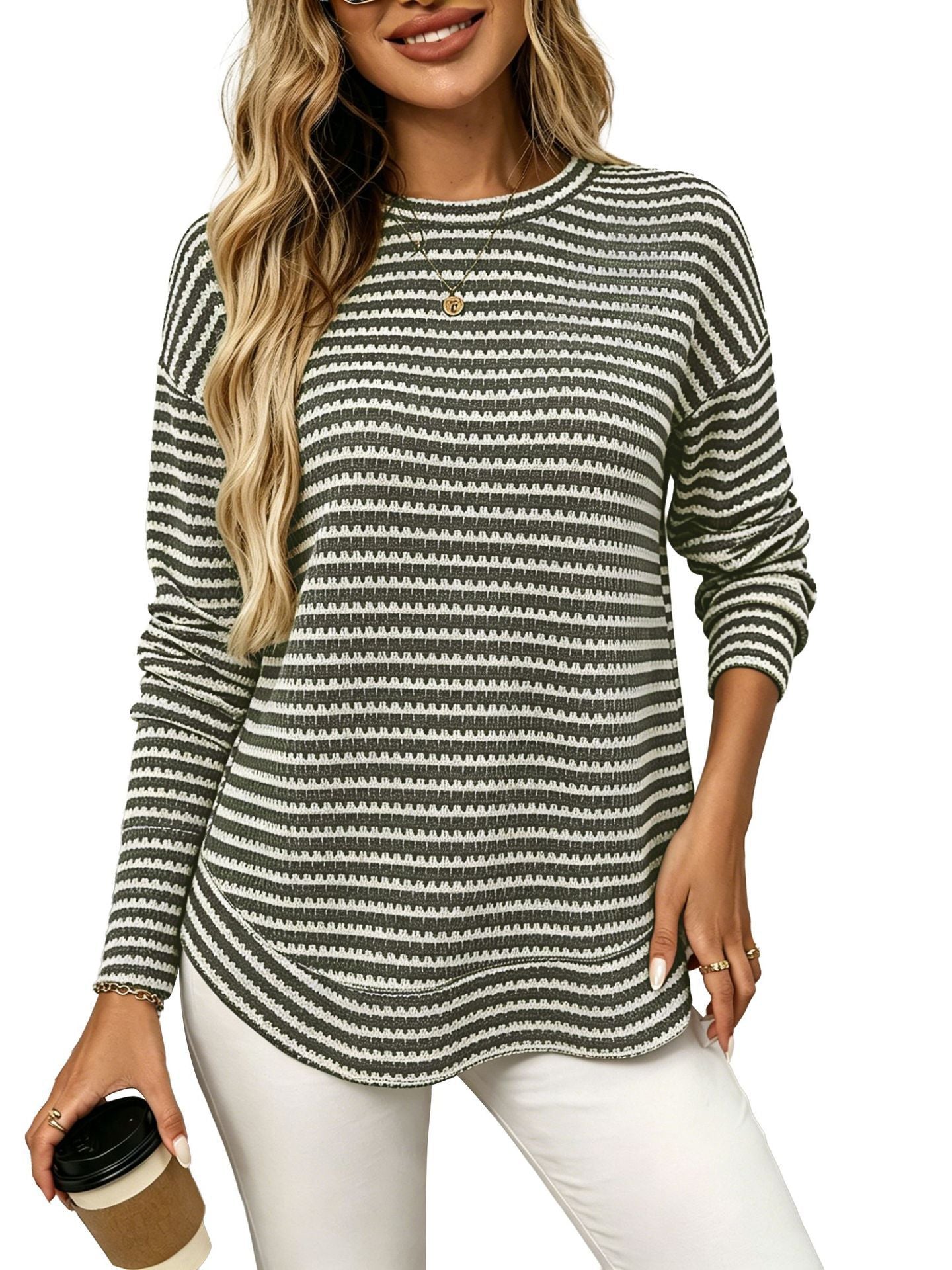 Waffle Knit Striped Long Sleeve Top Relaxed Fit Casual Style