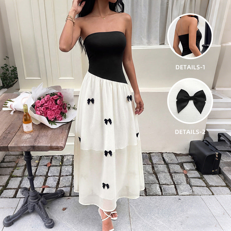 Women Strapless Bow Detail Tiered Maxi Dress