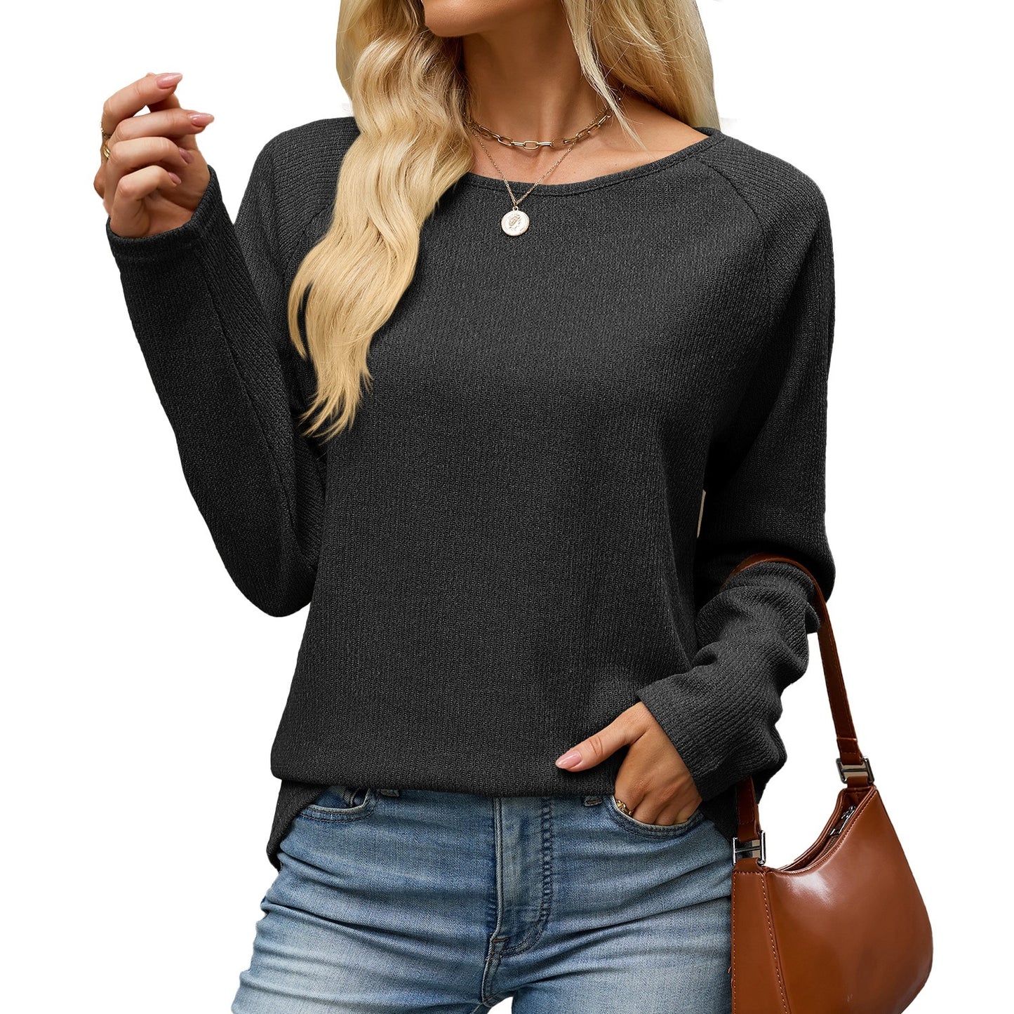 Solid Crew Neck Relaxed Long Sleeve Knit Top