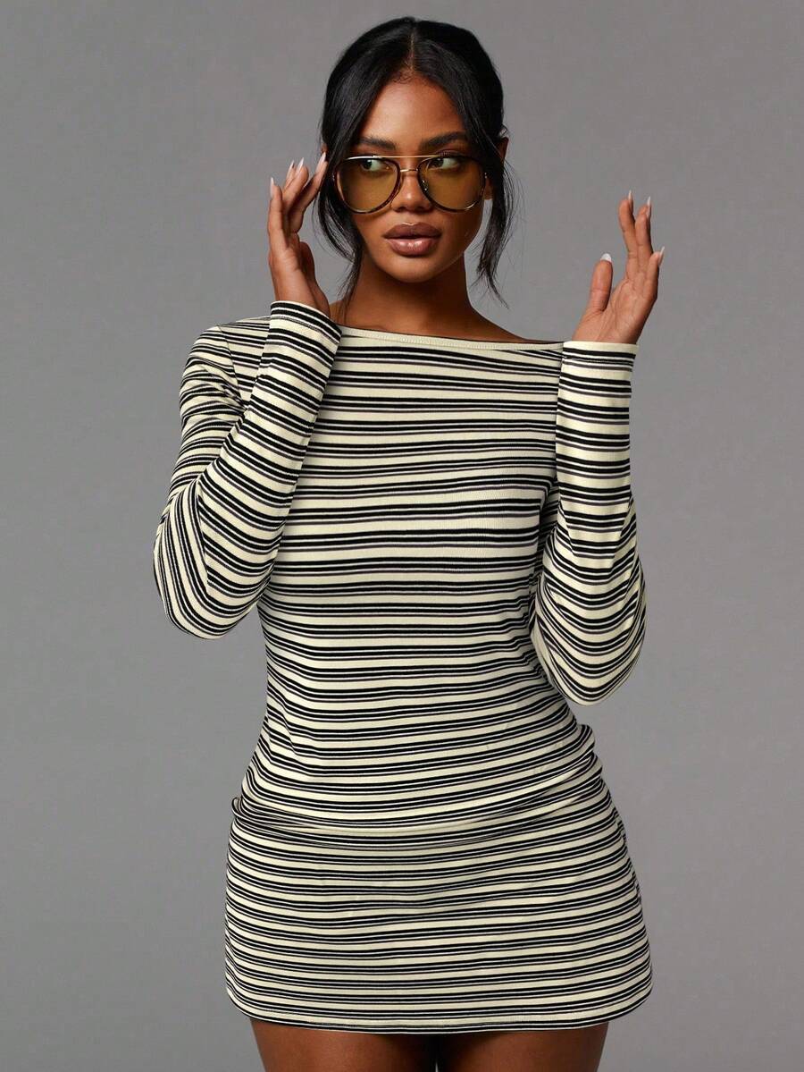 Striped Ribbed Mini Dress Boat Neck Long Sleeve Trendy Fit