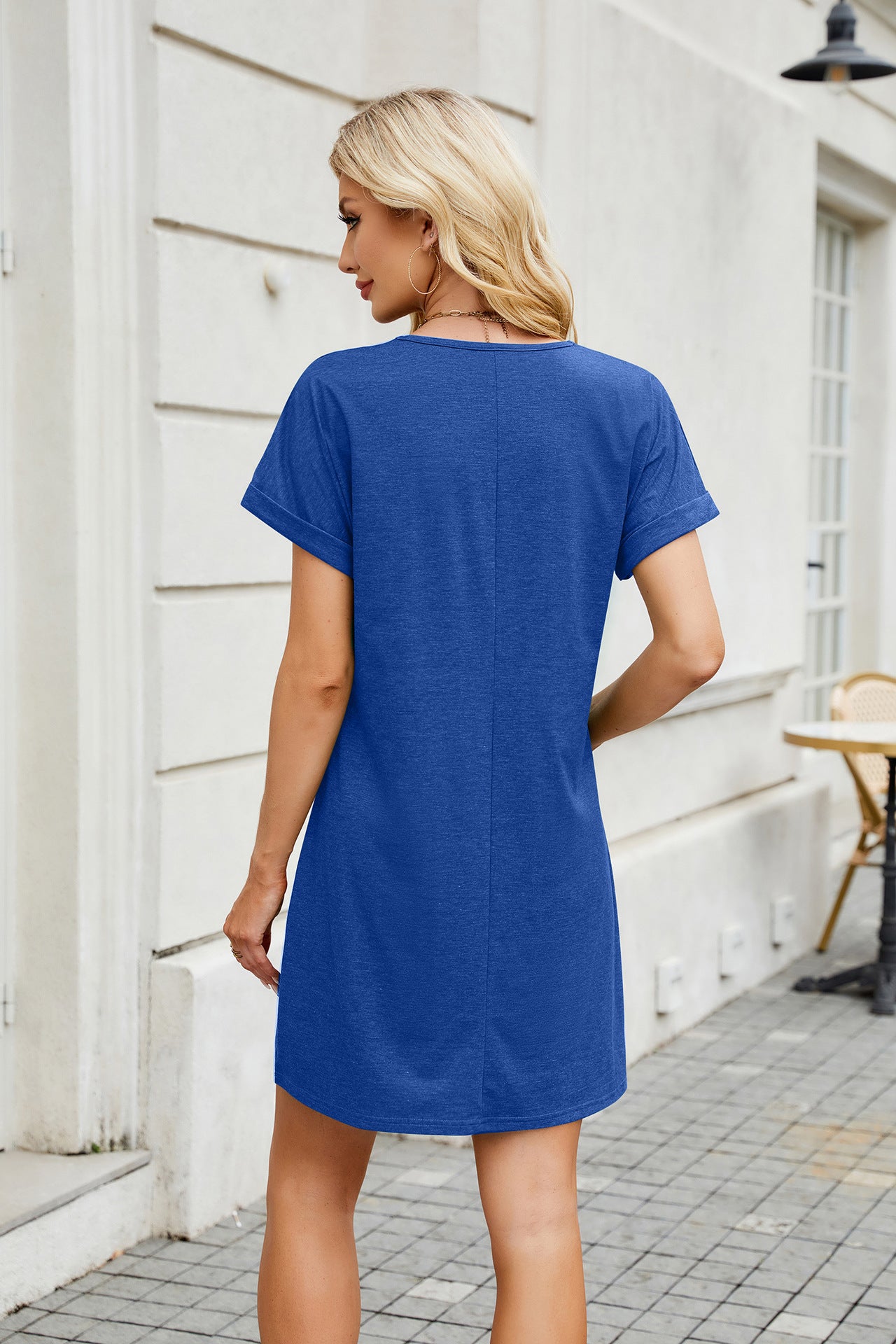 Solid Color V-Neck Loose Short Sleeve Dress