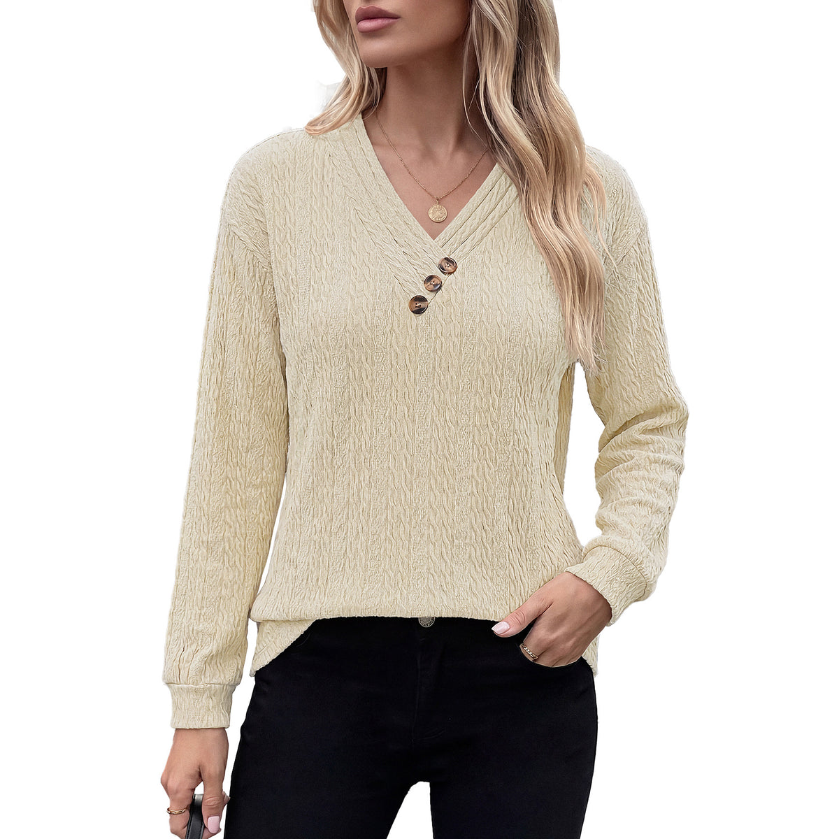 Womens Loose V Neck Button Long Sleeve Textured Top