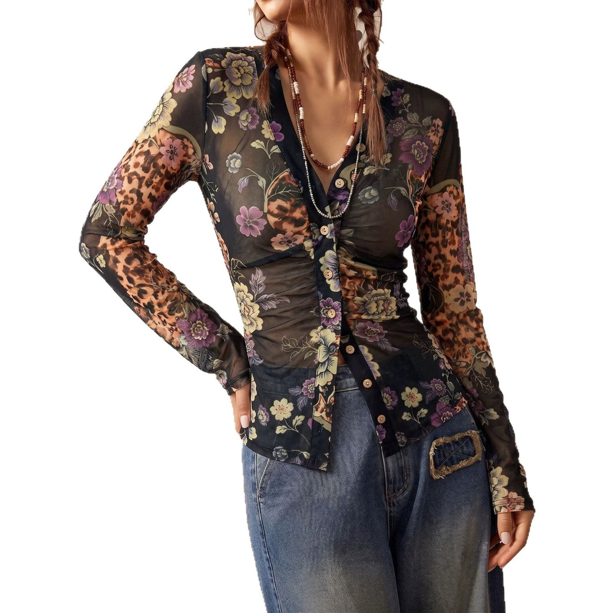 Women's Ruched Floral Mesh Blouse V-Neck Leopard Sleeves
