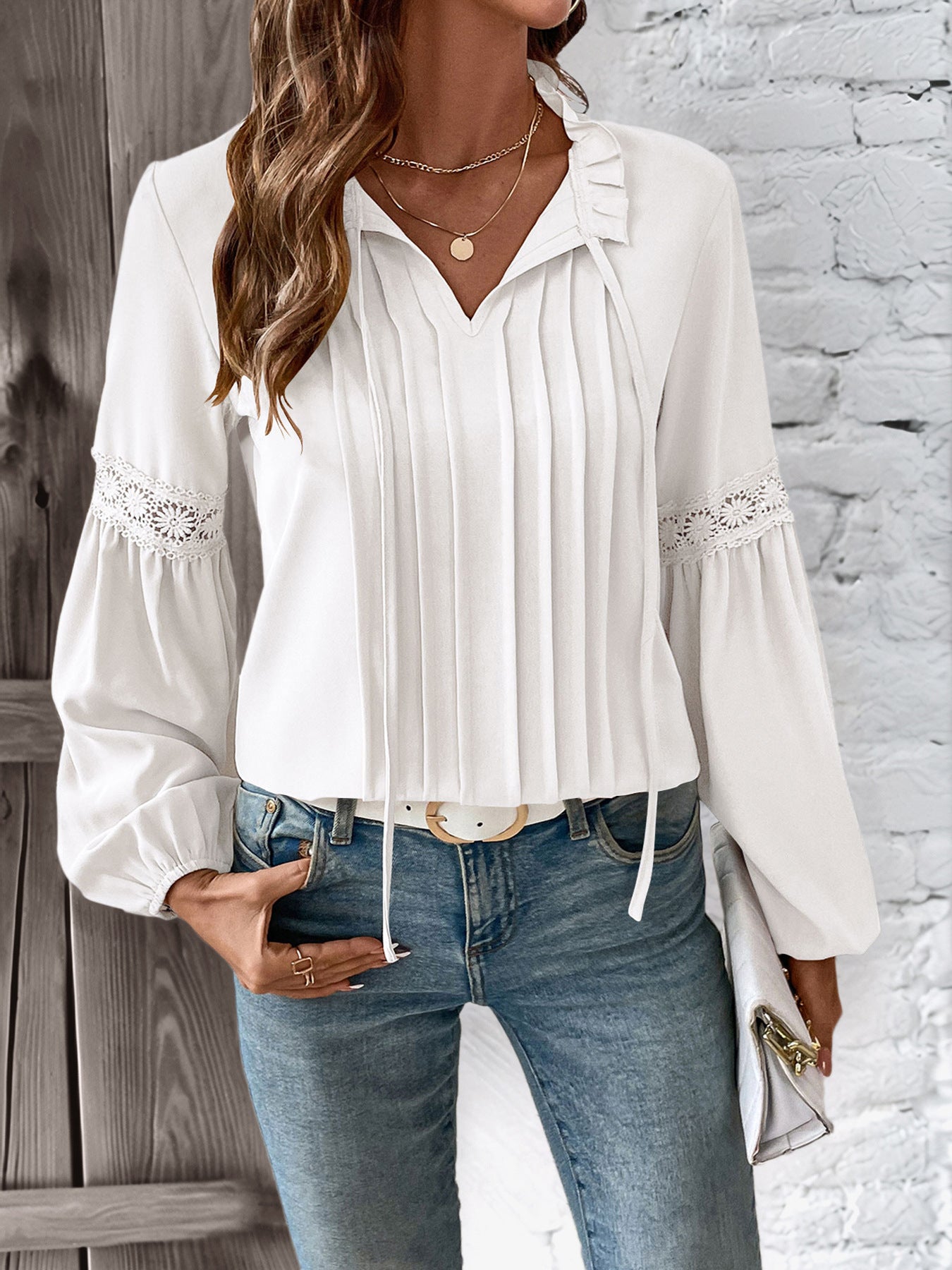 Elegant White Lace V-Neck Pleated Blouse for Spring & Fall