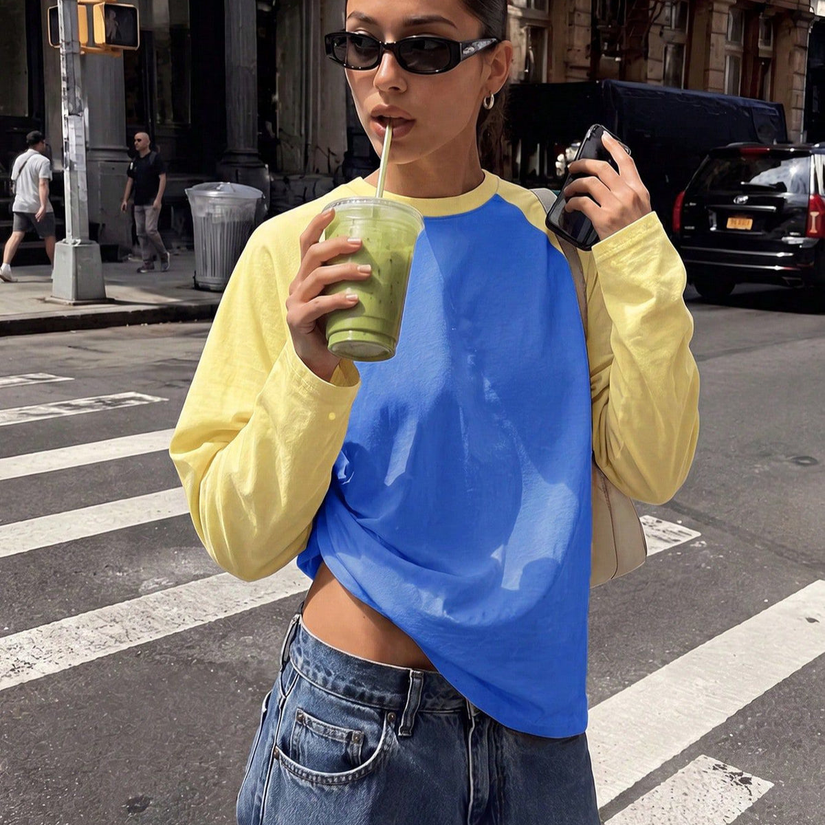 Women's Oversized Color Block Raglan Long Sleeve Cotton Tee
