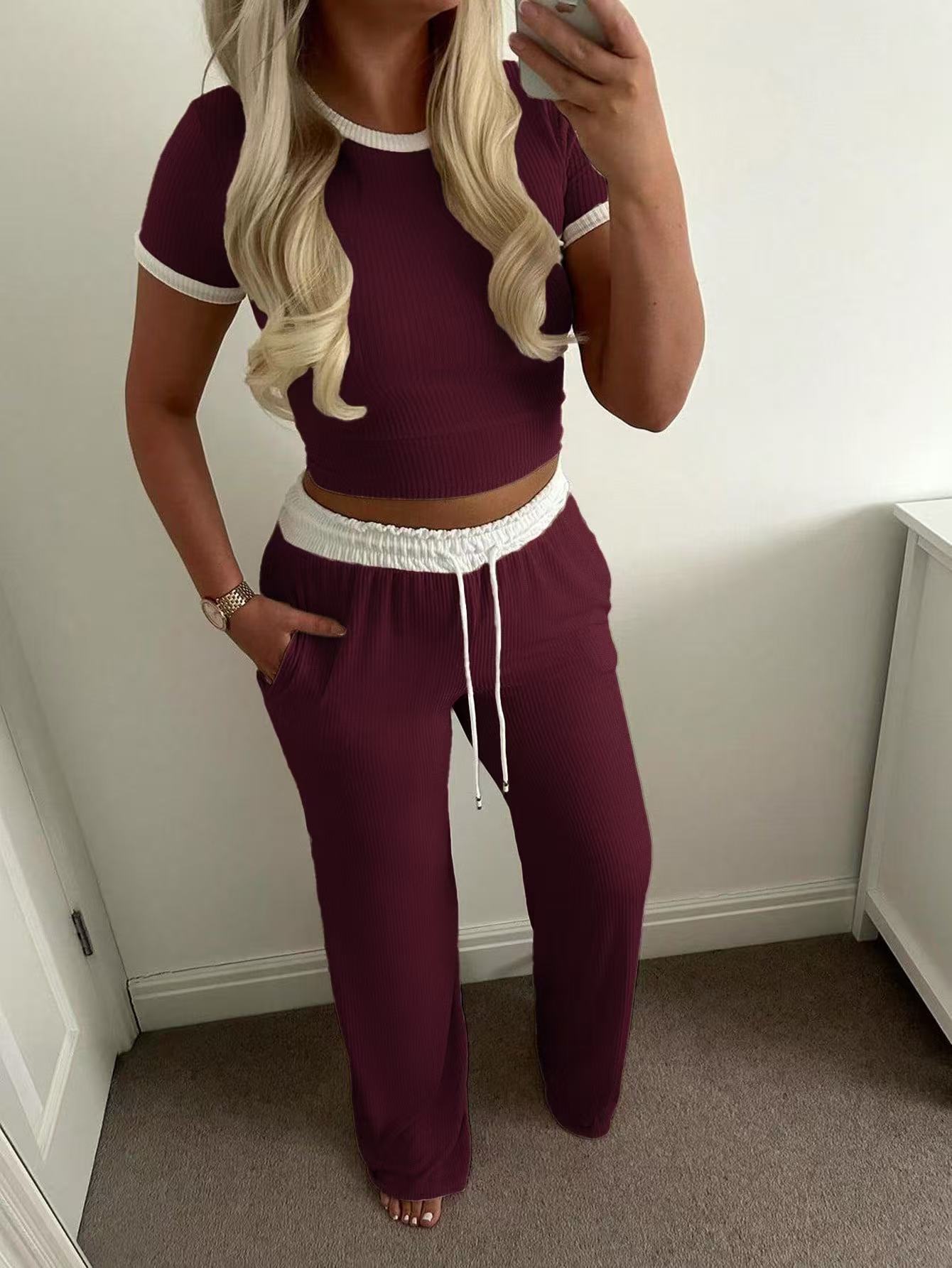 Women’s Wide Leg Pants Set Short Sleeve Casual Two Piece