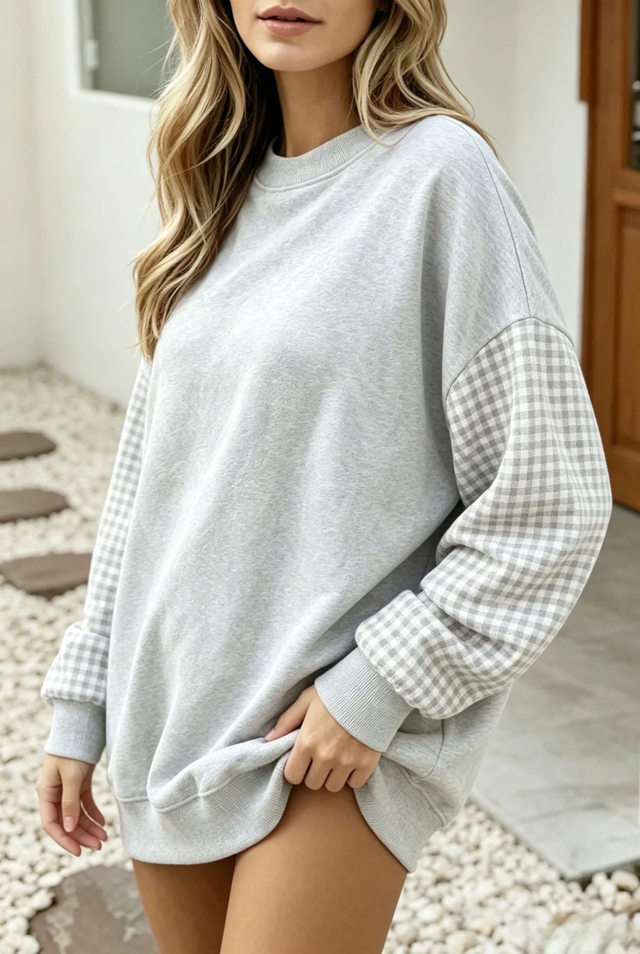 Gingham Knit Sweatshirt Oversized Colorblock Pullover