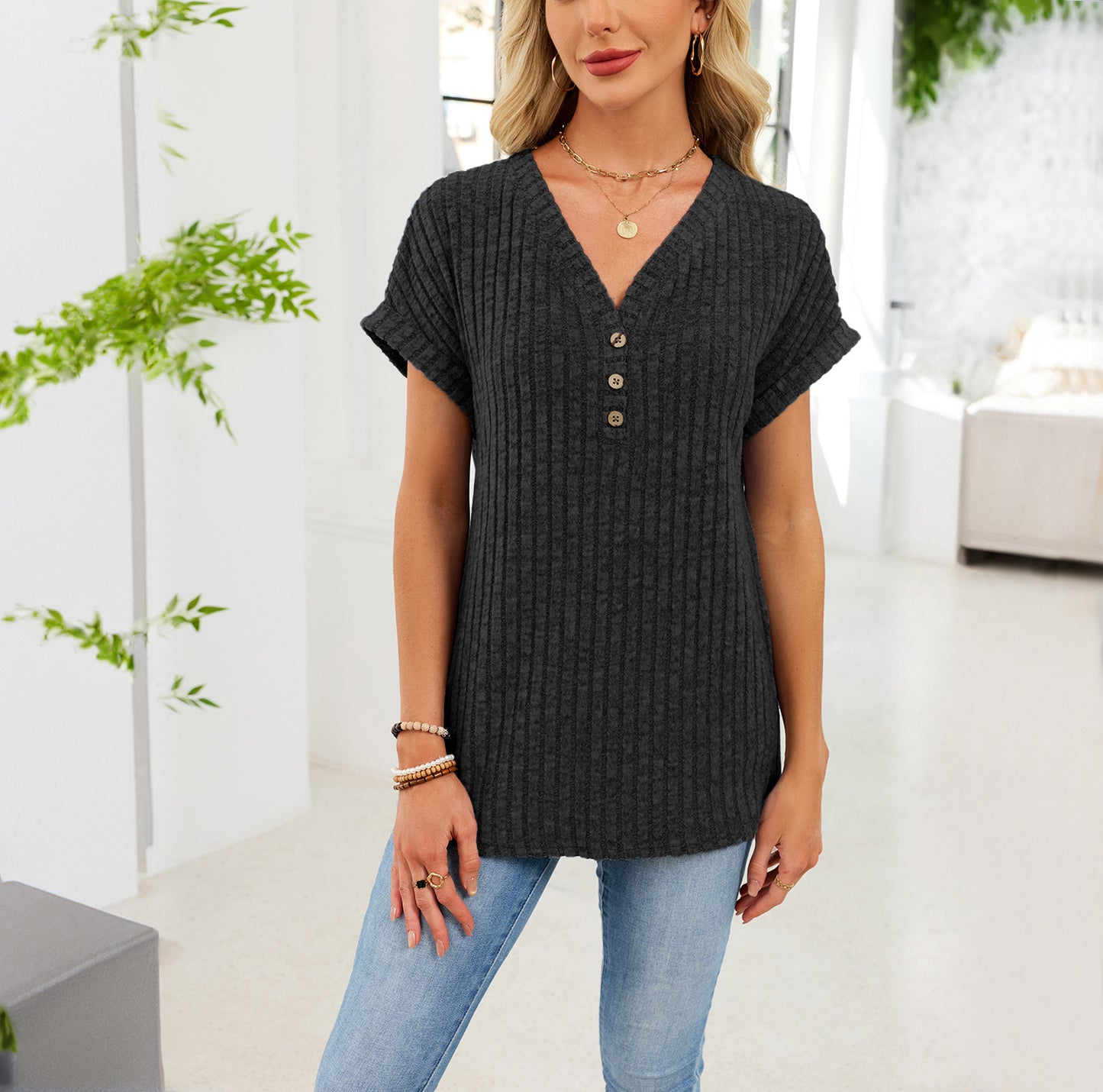 Solid Ribbed Knit Top V Neck Casual Short Sleeve