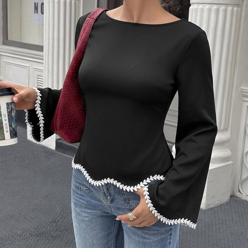 Boat Neck Contrast Trim Flare Sleeve Top
