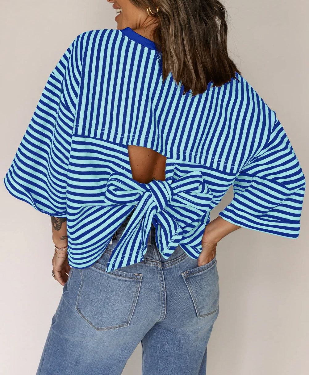 Womens Striped Top Loose Fit Short Sleeve Casual Tee