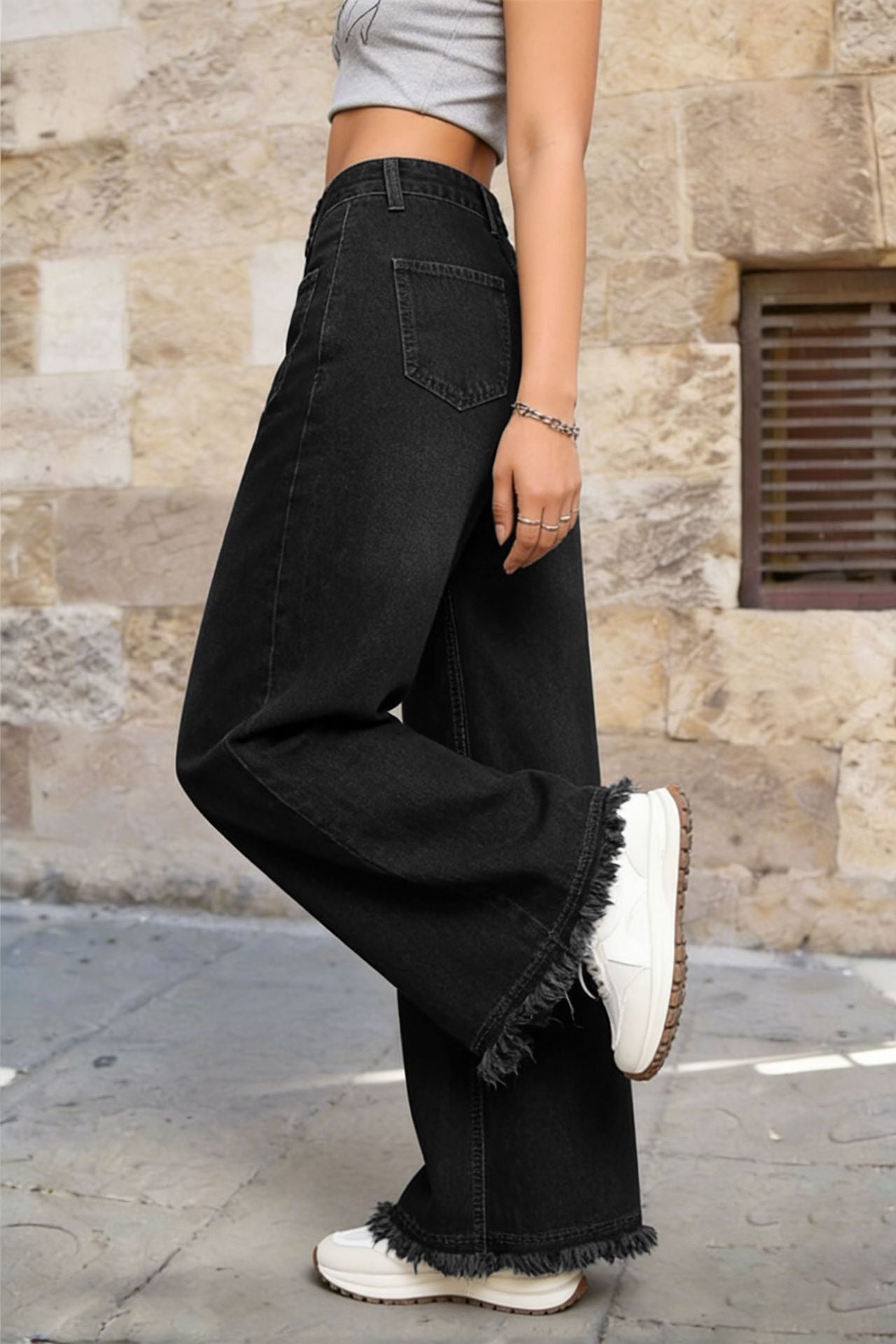 Washed Denim Jeans Vintage High Waist Wide Leg Fringe
