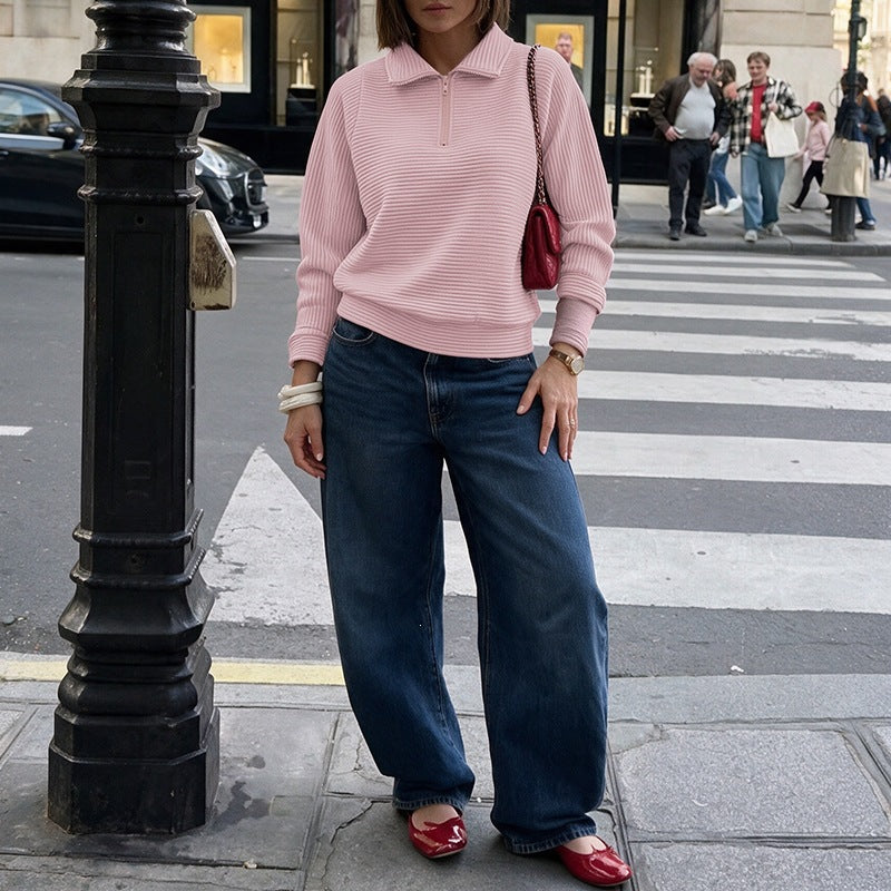 Women's Oversized Ribbed Half Zip Collared Sweatshirt