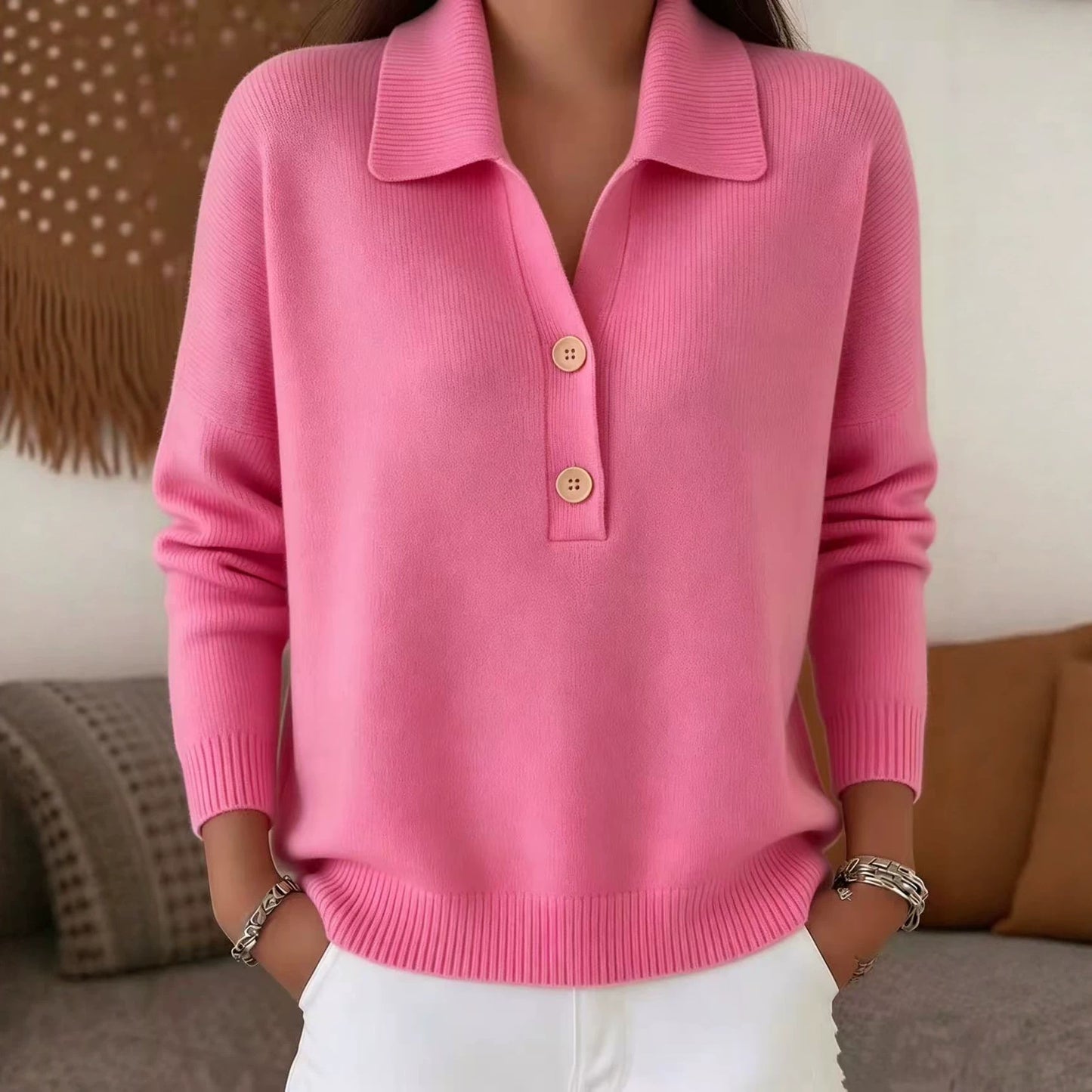 Solid Knit Polo Collar Sweater Button Front Relaxed Fit