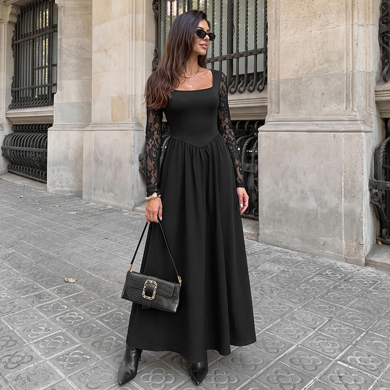 Square Neck Lace Sleeve Maxi Dress