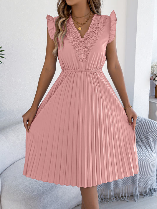 Pink Lace V Neck Pleated Midi Dress with Flutter Sleeves