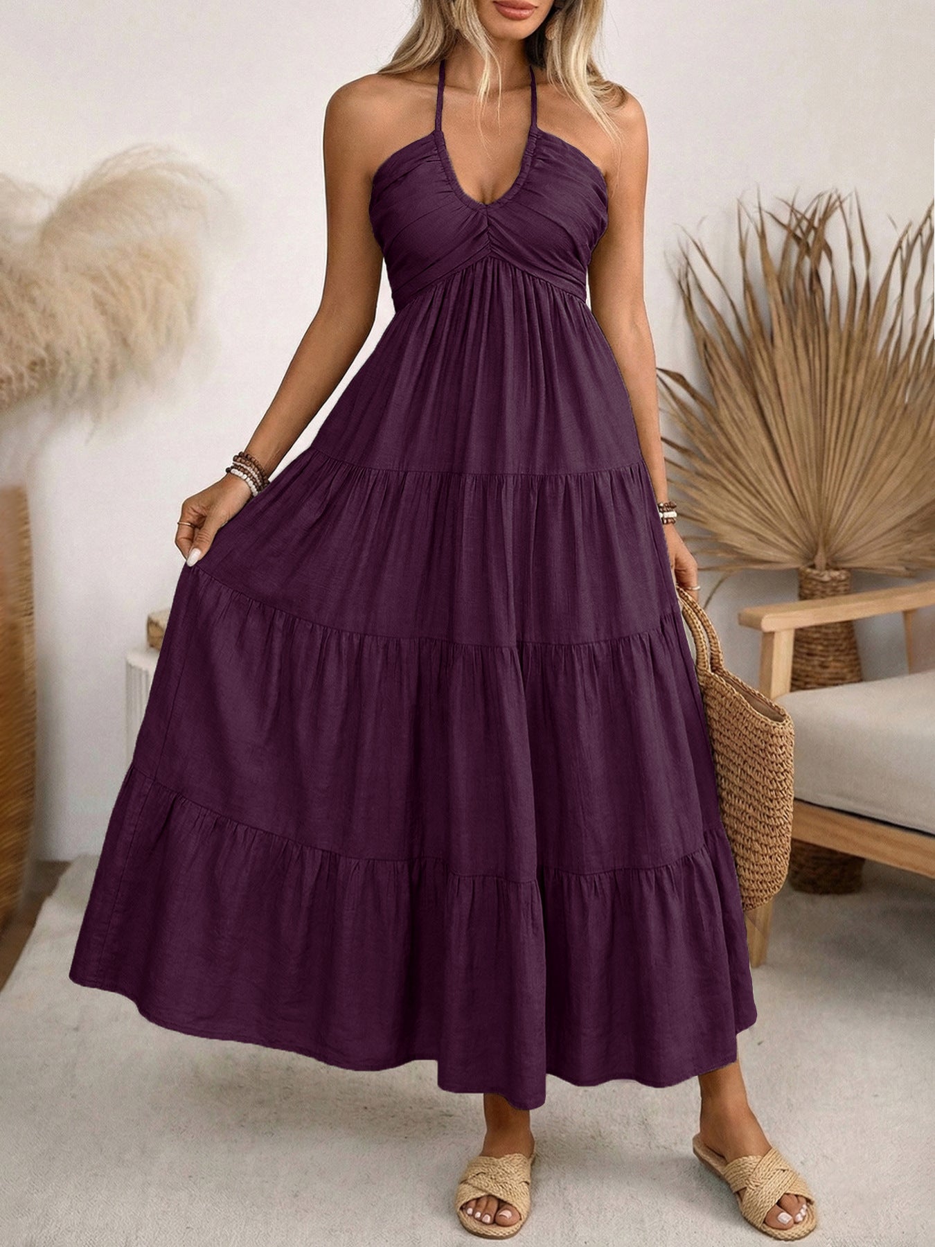 Women’s Halter V Neck Tiered Maxi Dress Backless