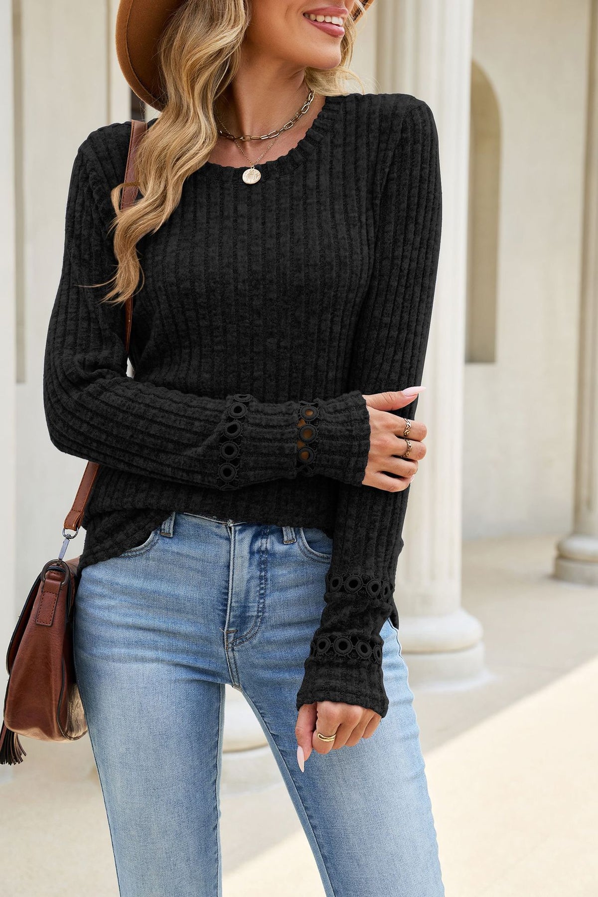 Women's Eyelet Cuff Ribbed Tunic Top Long Sleeve Loose Fit