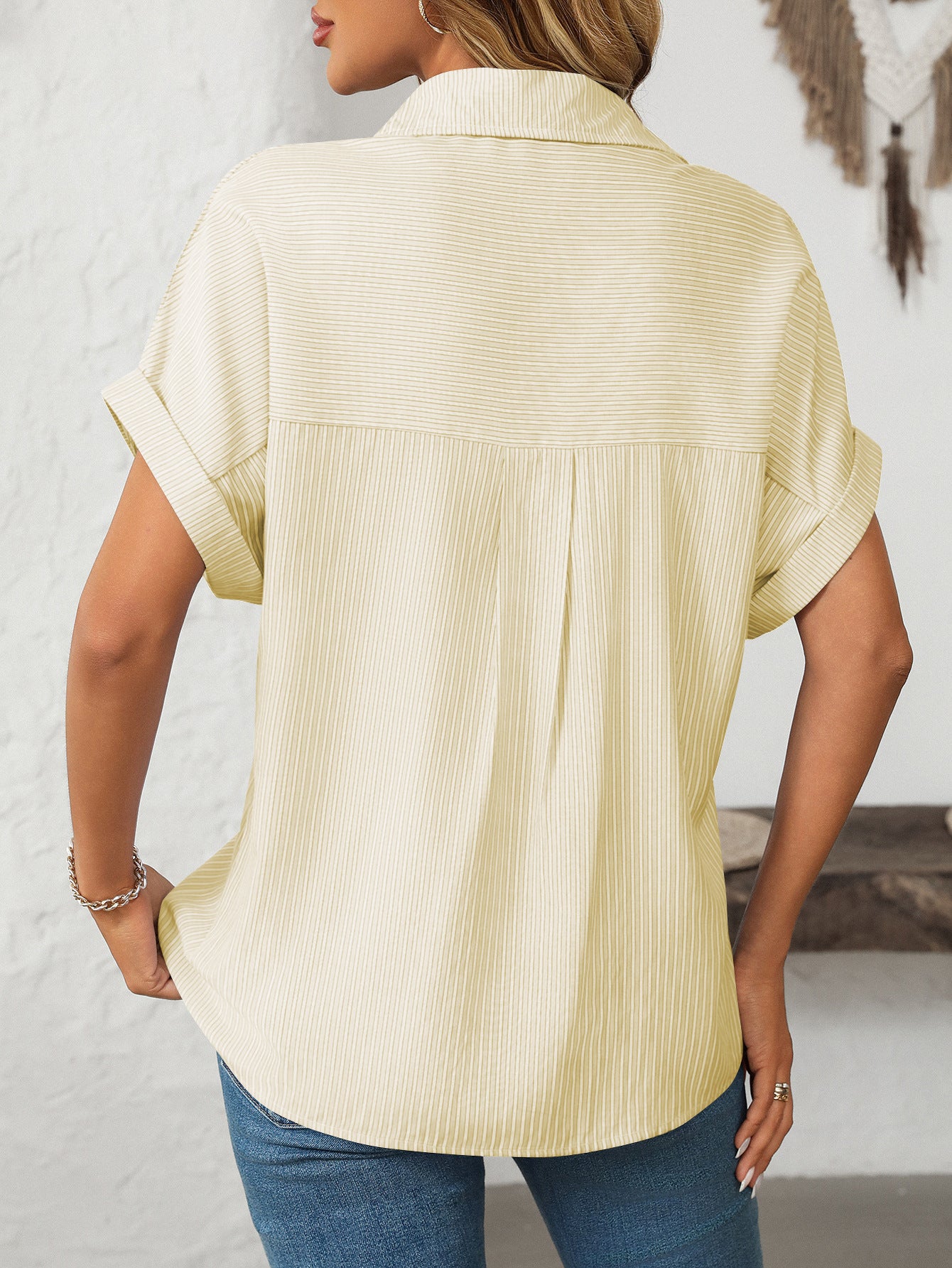 Women's Button Down Short Sleeve Shirt Lapel Striped Casual Shirt