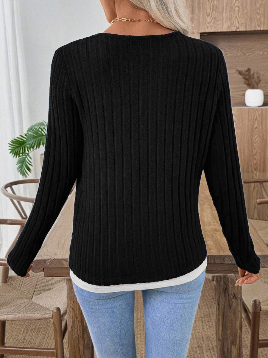 Solid Brushed Knit Top Casual Ribbed Henley Tee