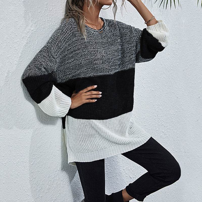 Color Block Round Neck Long Sleeve Knit Sweater