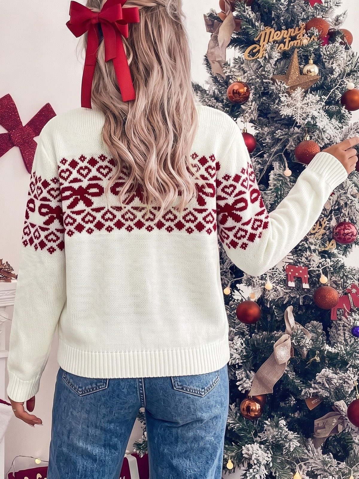Women's Oversized Christmas Sweater Fair Isle Bow Crewneck