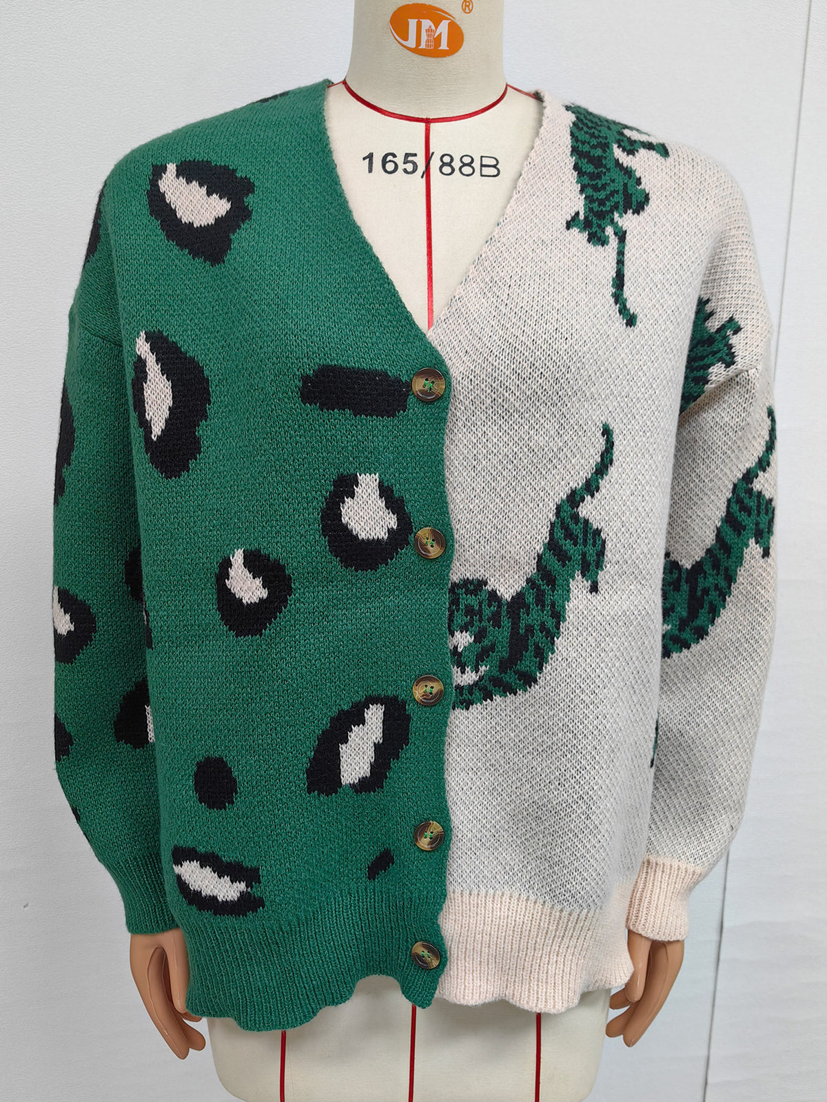 Color Block Leopard Print V-Neck Button Cardigan Sweater