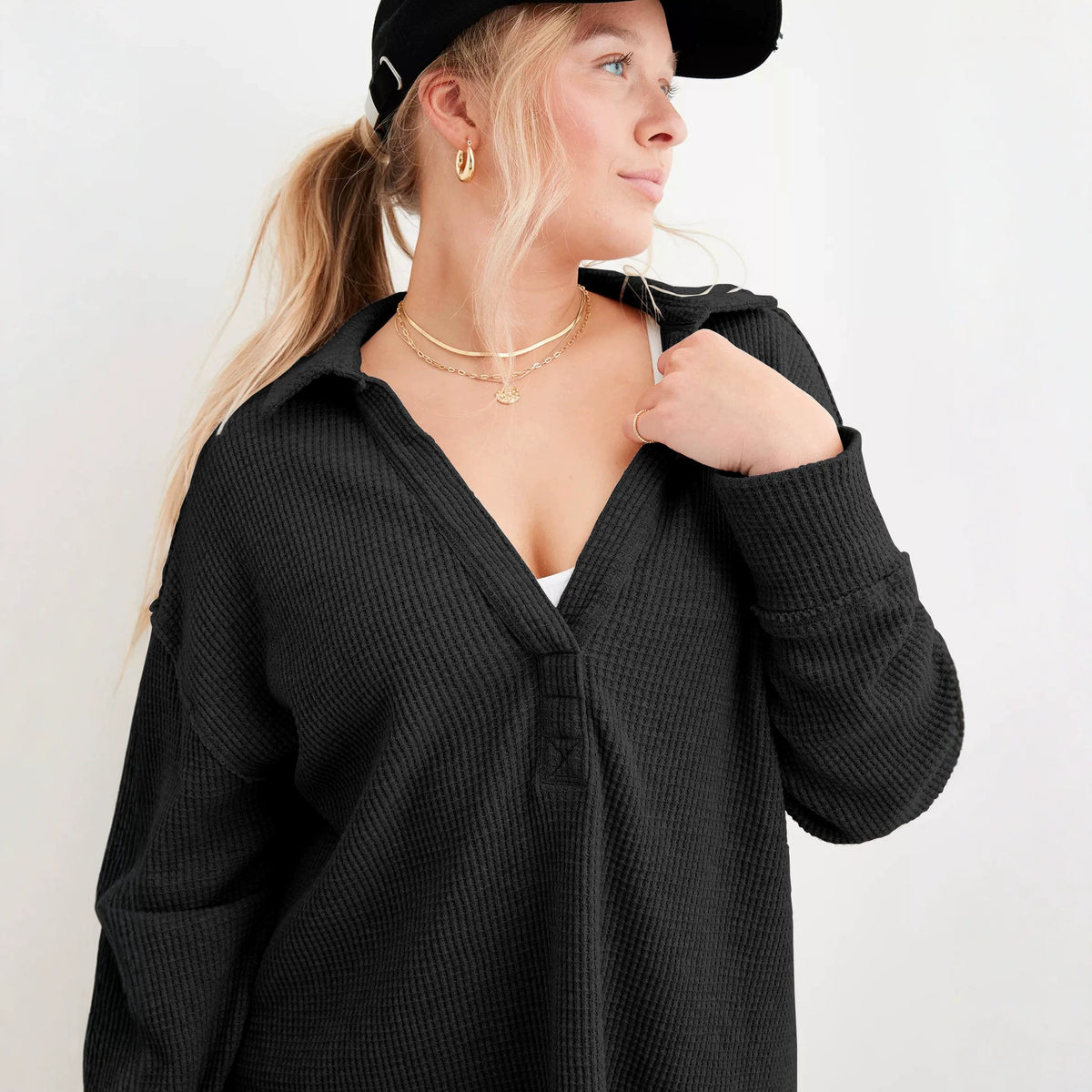 Oversized Waffle Knit Polo Collar Long Sleeve Sweater