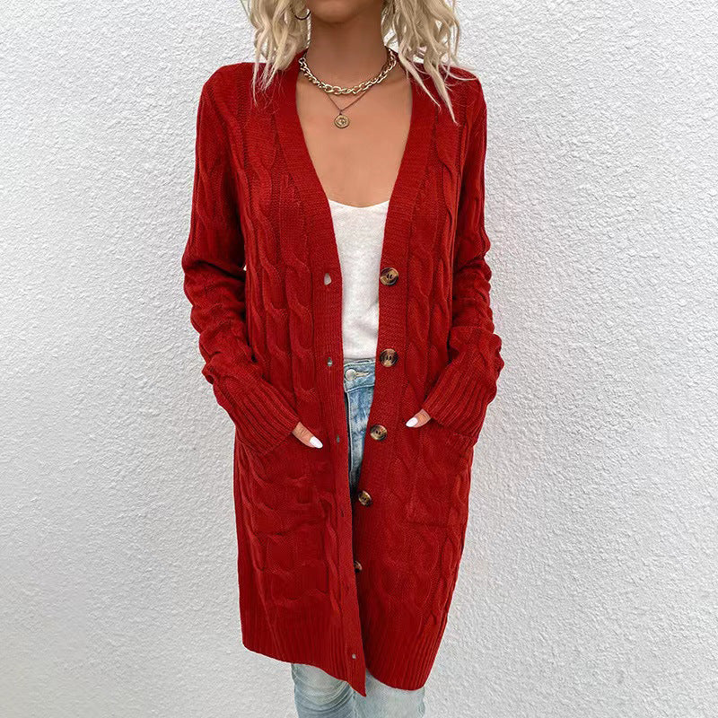 Women's Long Cable Knit Cardigan Button Down Pockets