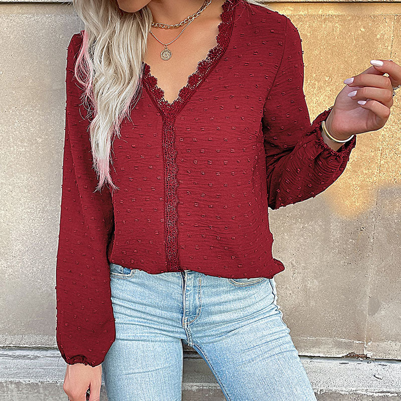 Fall V Neck Long Sleeve Solid Blouse with Lace Trim