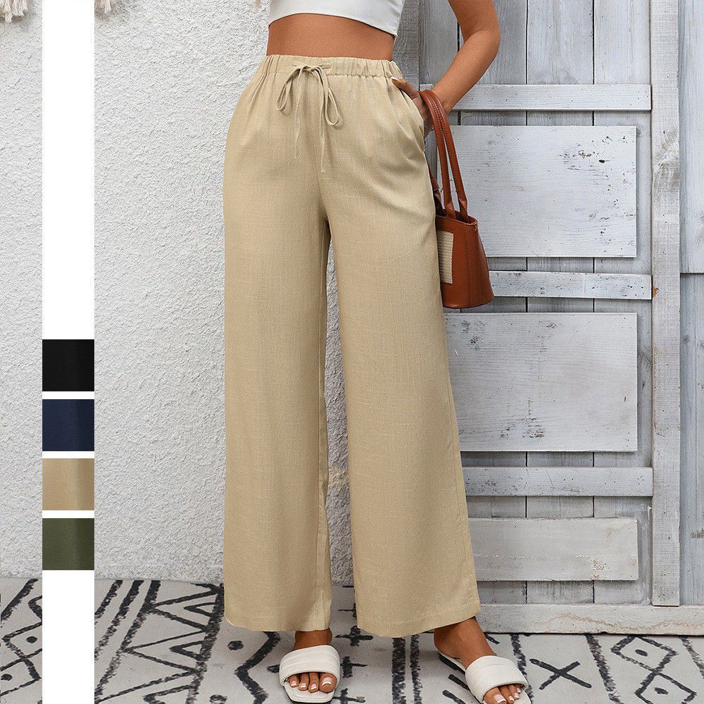 High Waist Cotton Linen Wide Leg Pants with Pockets