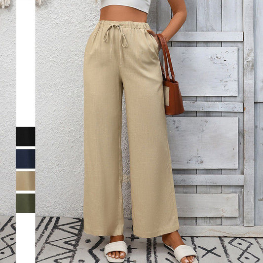 High Waist Cotton Linen Wide Leg Pants with Pockets