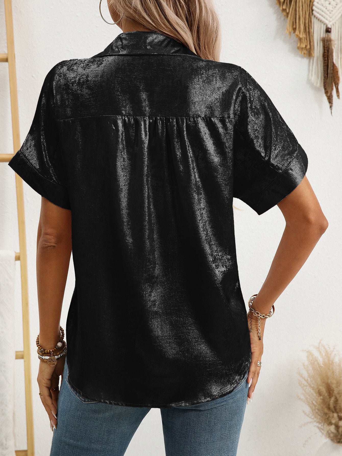 Shiny Metallic Buttoned Shirt with Relaxed Fit for Summer