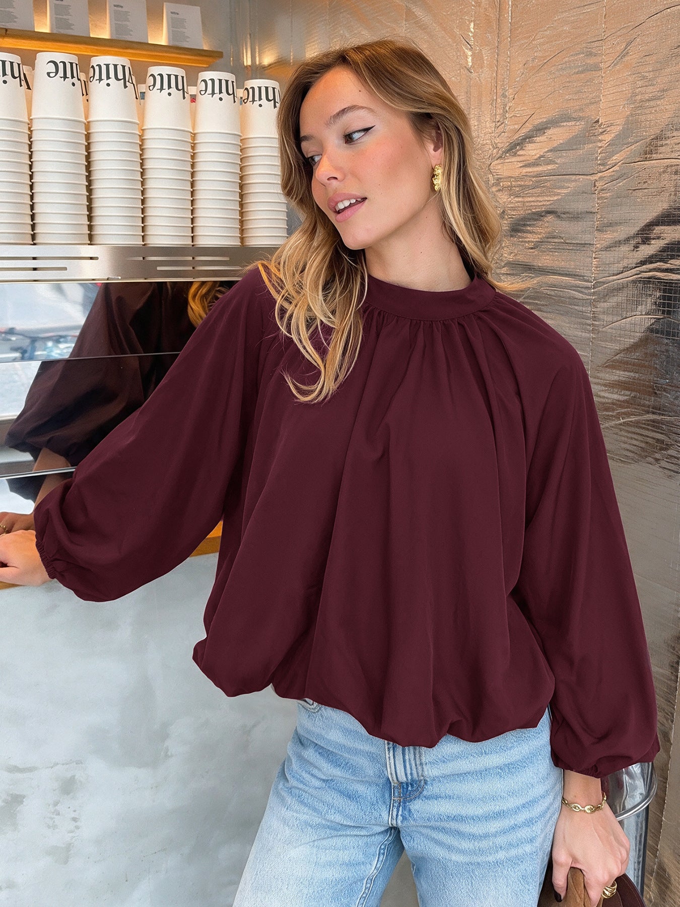 Tie Neck Mock Neck Blouse Gathered Long Sleeve Top