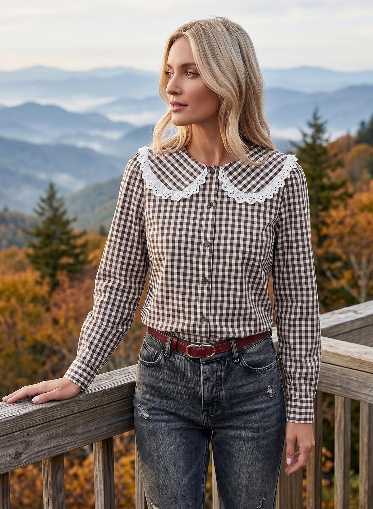 Gingham Lace Peter Pan Collar Long Sleeve Blouse