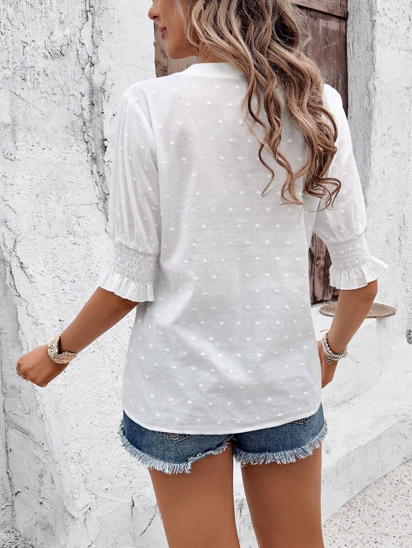 Hollow Out  V Neck Puff Sleeve Boho Blouse