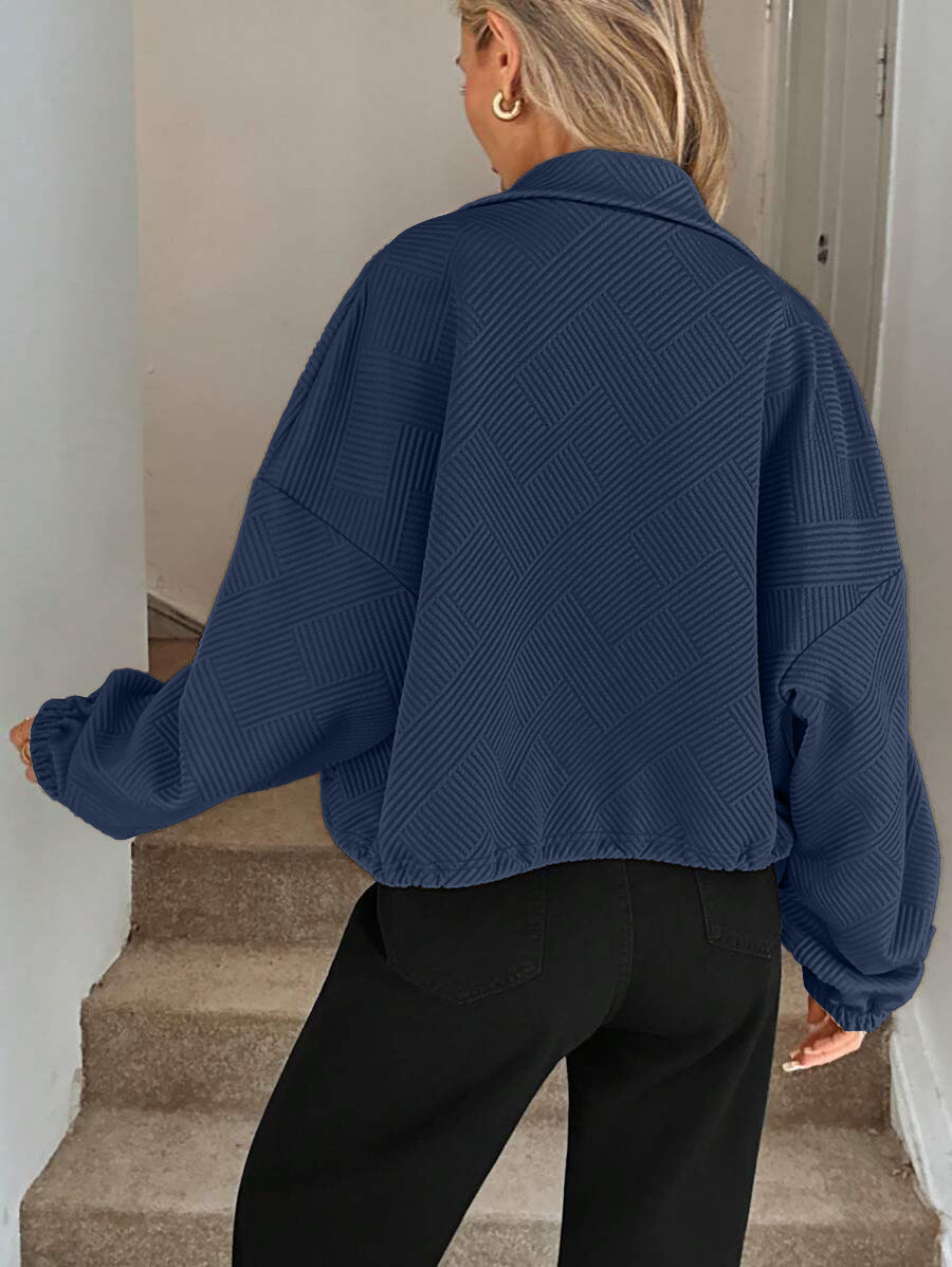 Textured Polyester Jacket Casual Bomber Oversized Zip Up