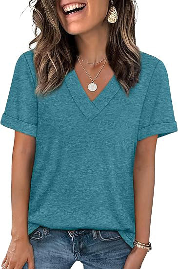 V Neck Basic Tee Short Sleeve Casual Loose Fit Top