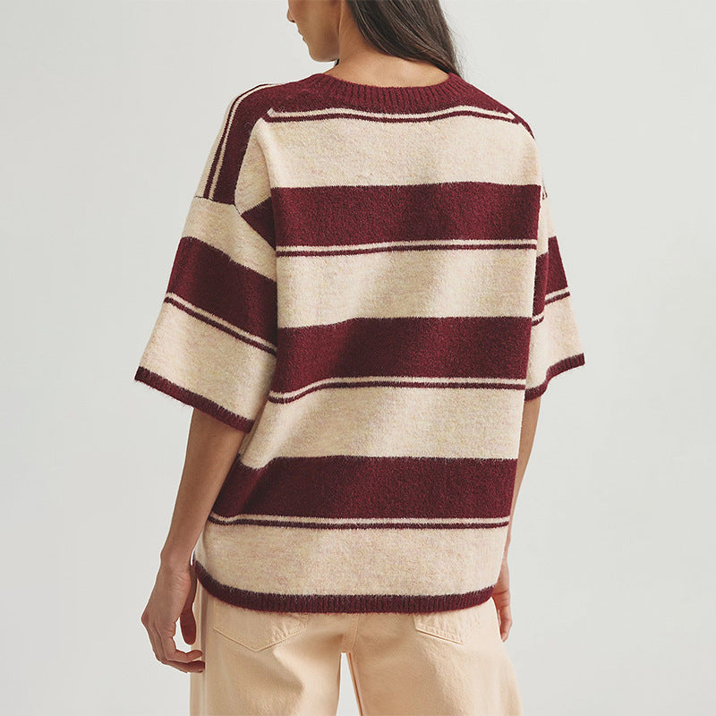 Women's Oversized Striped Crewneck Knit Half Sleeve Sweater