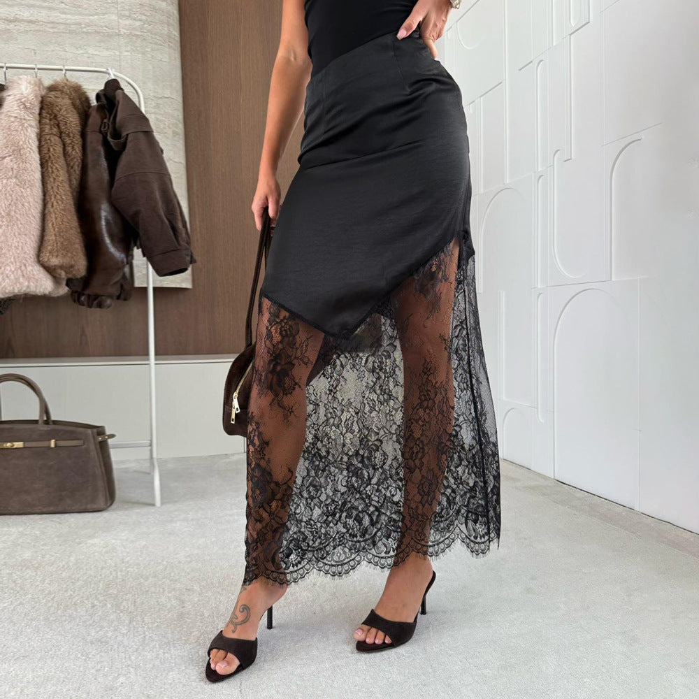 Lace Trim Midi Skirt High Waist Bodycon Elegant Skirt
