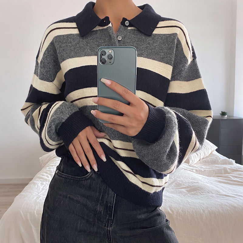 Striped Collared Button Pullover Knit Sweater