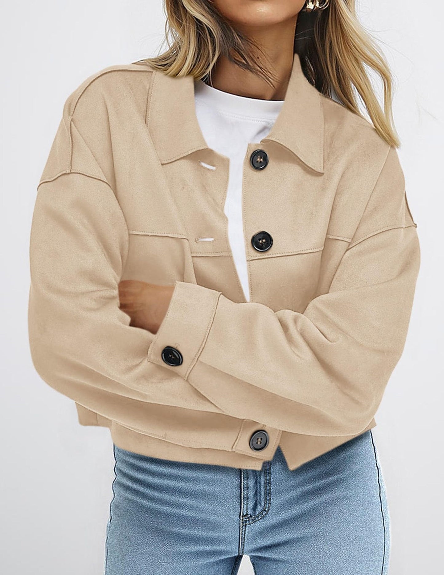 Solid Suede Jacket Western Cropped Button Front