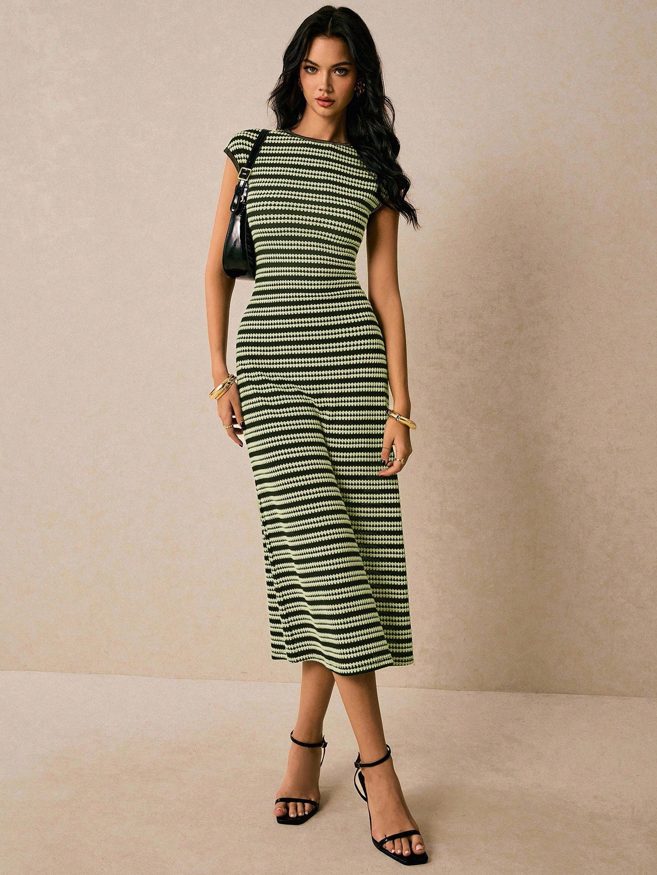 Colorblock Striped Knit Short Sleeve Bodycon Maxi Dress