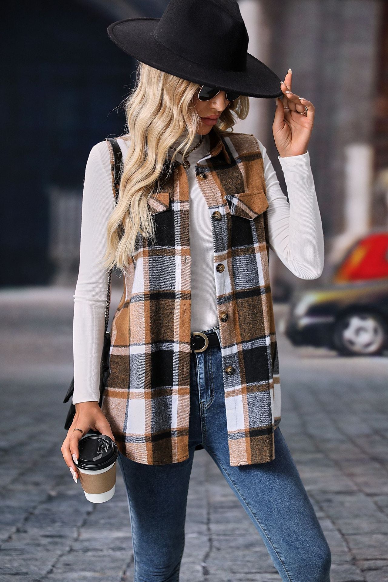 Plaid Shacket Vest with Pockets, Sleeveless Oversized